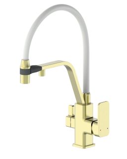 Смеситель для кухни Wonzon & Woghand WW-88458013-BG(MW) с гибким изливом и подключением фильтра брашированное золото/белый